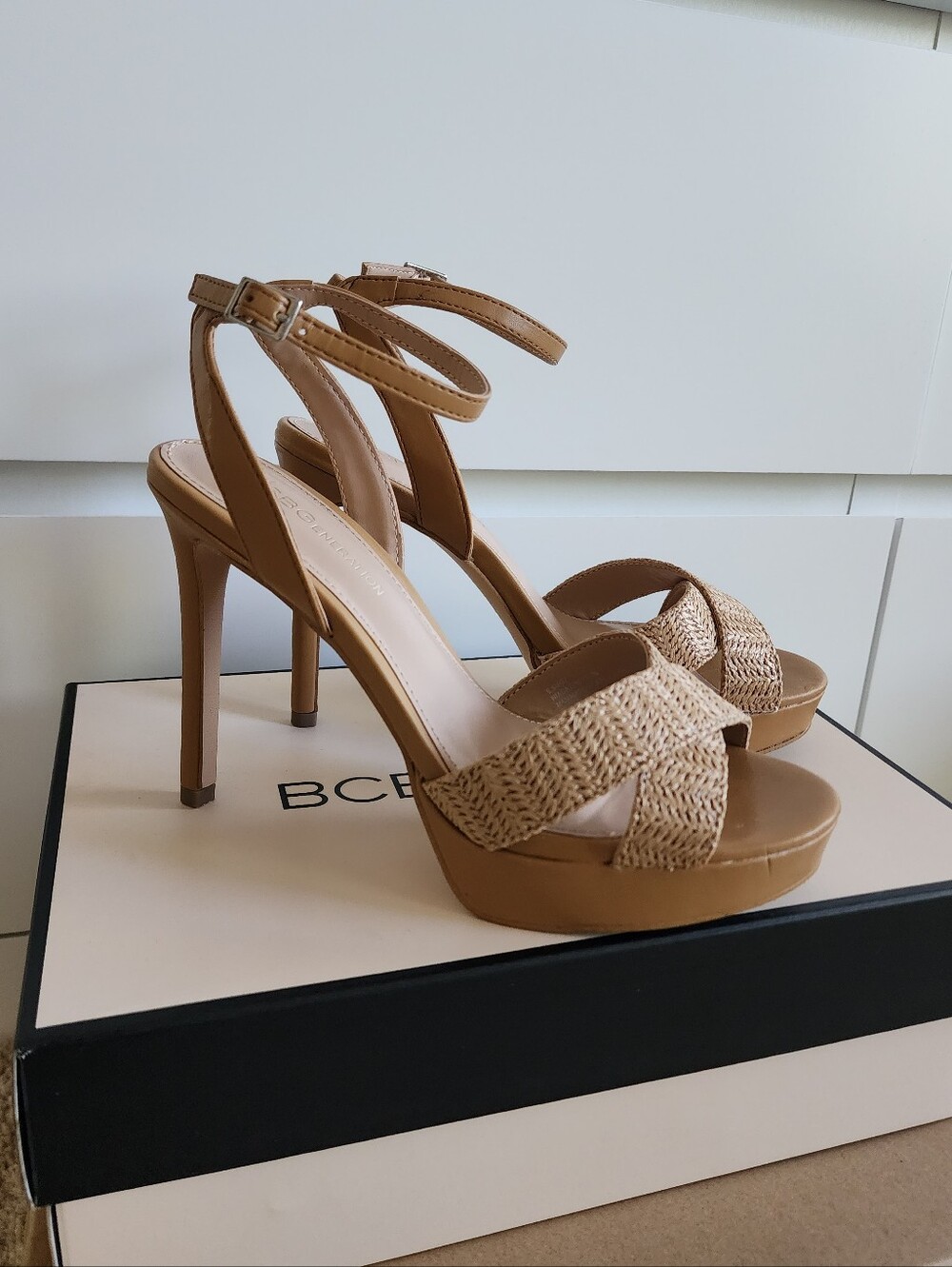 BCBGereration  Tan Woven Platform Ankle-Strap High Heels
